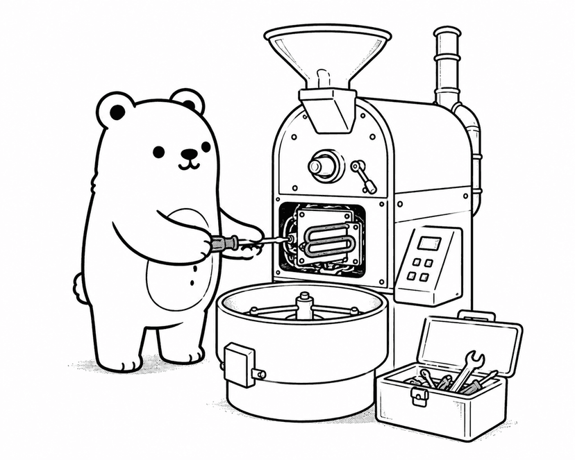 Bear fixing the coffee roaster